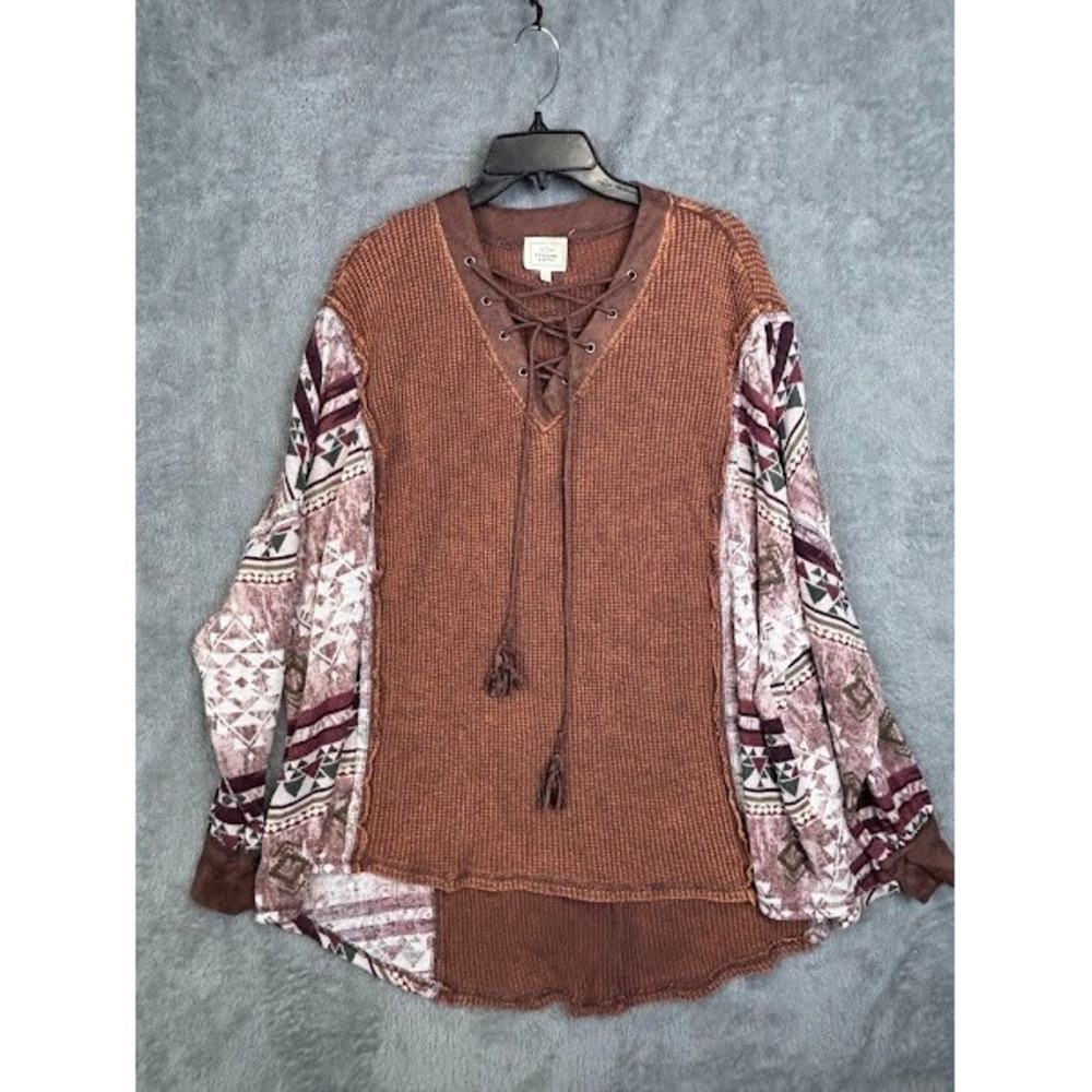 Sterling & Stitch Womens Brown Waffle Knit Lace Up Aztec‎ Print Sleeve Top S